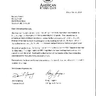 AKC Letter acknowledging Breeder of the Year in Obedience for 2014