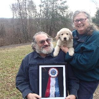 Babara, Michael, and Ripley x Indigo puppy, with rosette